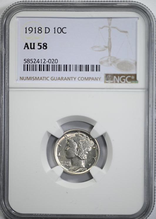 1918-D Mercury Dime 10C NGC AU58 Obverse Slab