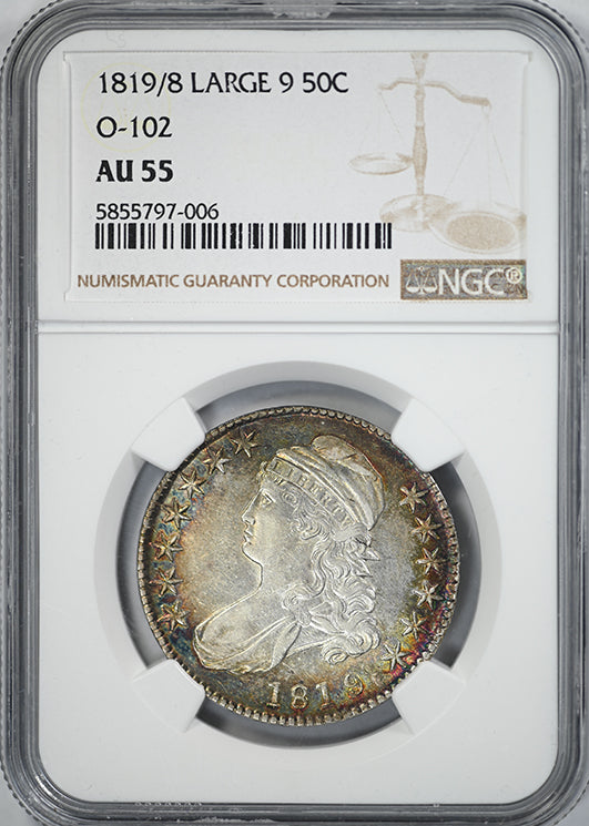 1819/8 Capped Bust Half Dollar 50C NGC AU55 Large 9 O-102 - TONED!