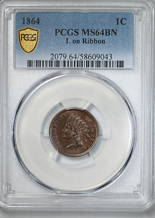 1864 Indian Head Cent 1C PCGS MS64BN - L on Ribbon