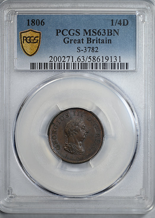 1806 Great Britain 1/4D Farthing Penny PCGS MS63BN S-3782