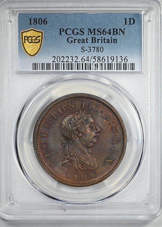 1806 Great Britain Penny 1D PCGS MS64BN S-3780 - TONED!