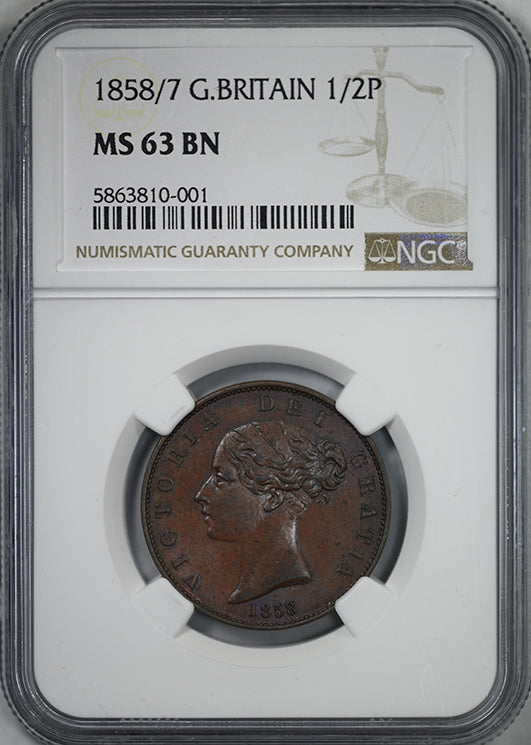 1858/7 Great Britain 1/2P Penny NGC MS63BN