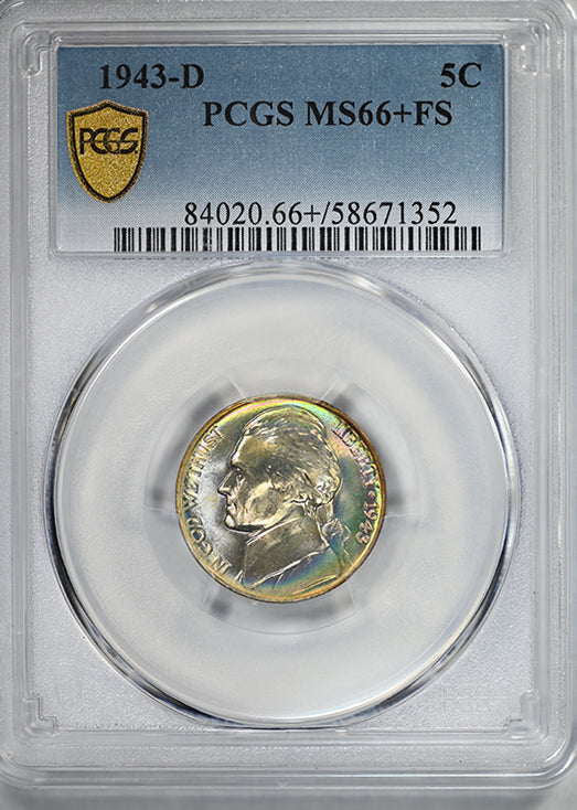 1943-D Jefferson Nickel 5C PCGS MS66+FS Full Steps - TONED!
