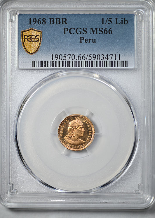1968-BBR Peru Gold 1/5 Libra PCGS MS66
