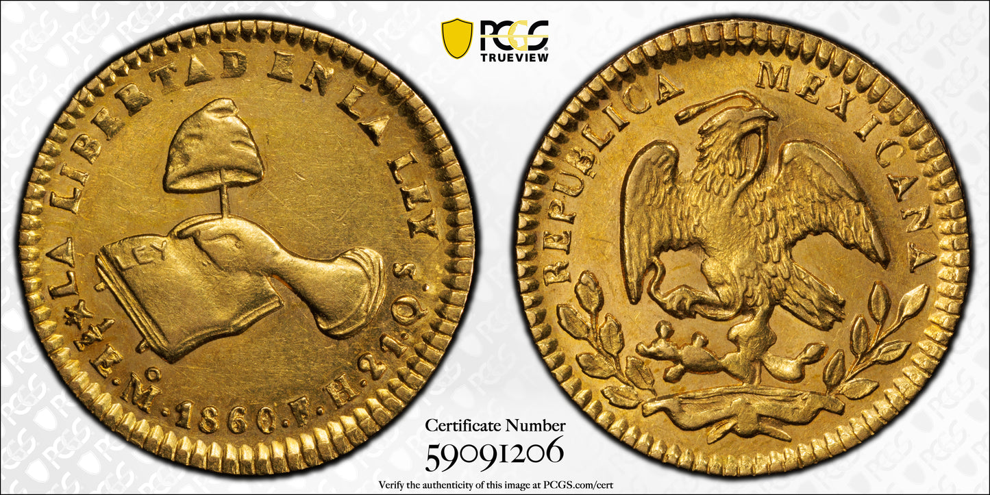 1860/59-Mo FH Mexico Gold 1/2E Escudo PCGS AU58