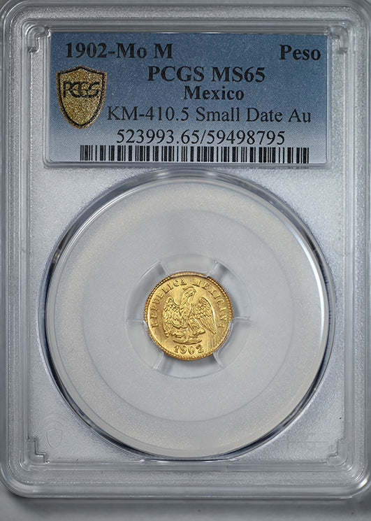 1902-Mo M Mexico Gold G1P Peso PCGS MS65 KM-410.5 Large Date Au