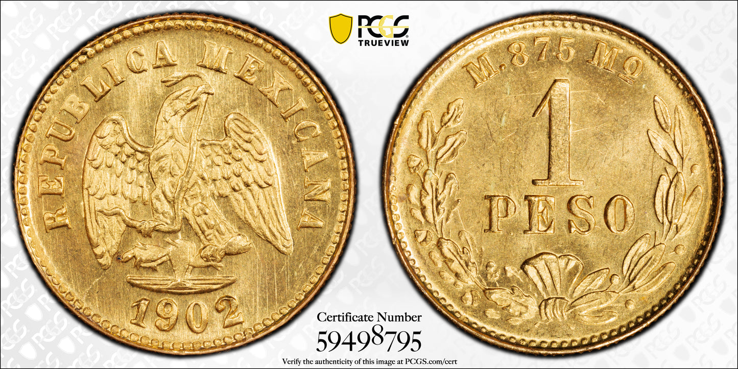 1902-Mo M Mexico Gold G1P Peso PCGS MS65 KM-410.5 Large Date Au
