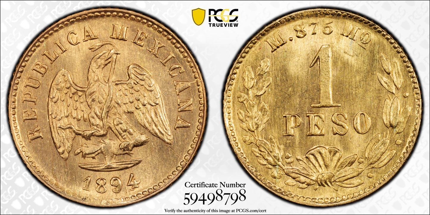 1894/3-Mo M Mexico Gold G1P Peso PCGS MS65 KM-410.5 Au