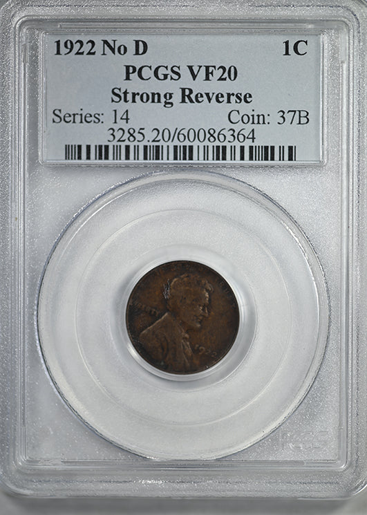 1922 No D Lincoln Wheat Cent 1C PCGS VF20 - Strong Reverse