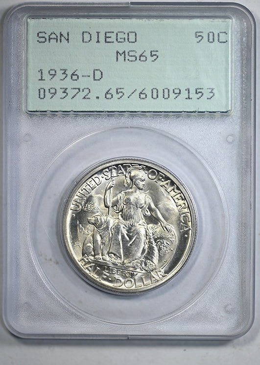 1936-D San Diego Classic Commemorative Half Dollar 50C PCGS Rattler MS65