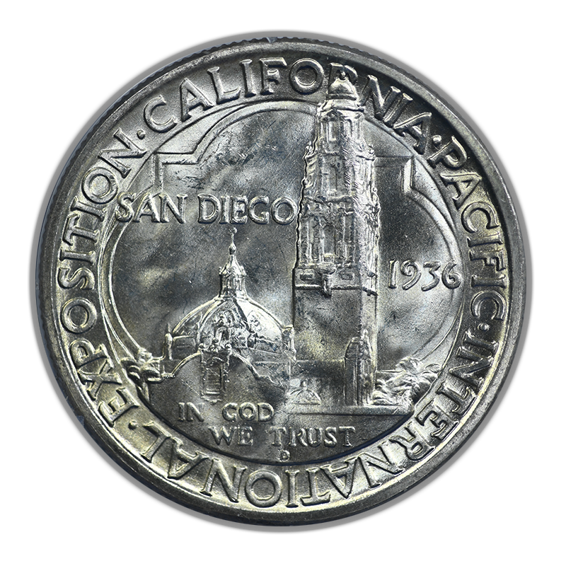 1936-D San Diego Classic Commemorative Half Dollar 50C PCGS Rattler MS63 CAC Reverse