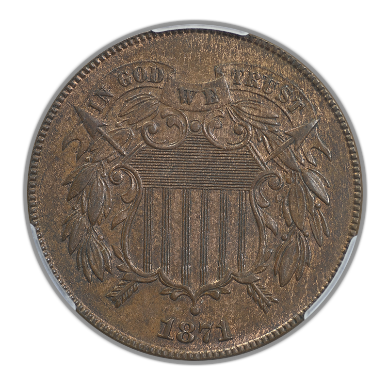 1871 Two Cent Piece 2C CAC MS62BN Obverse