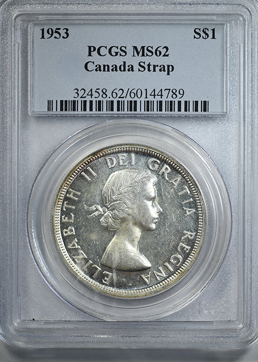 1953 Canada Silver Dollar $1 PCGS MS62 with Strap