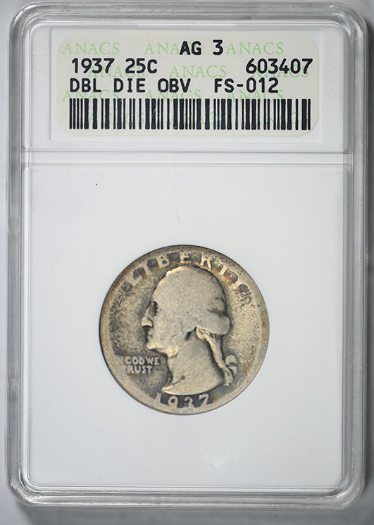 1937 Doubled Die Obverse Washington Quarter 25C ANACS Soapbox AG3 DDO FS-012 - Lowball - TONED!
