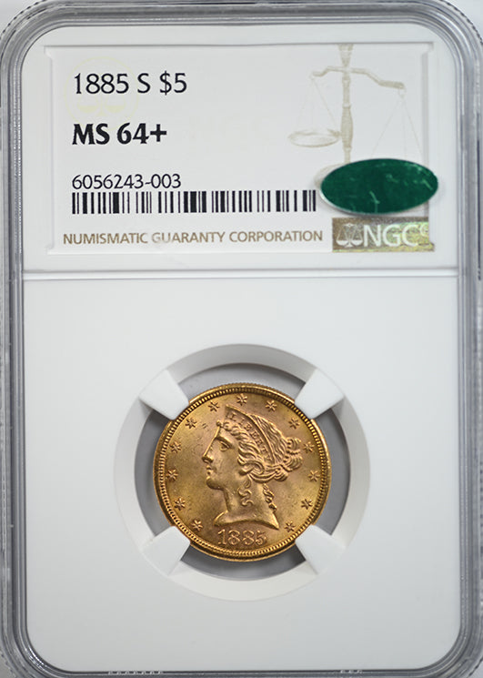 1885-S Liberty Head Gold Half Eagle $5 NGC MS64+ CAC Obverse Slab