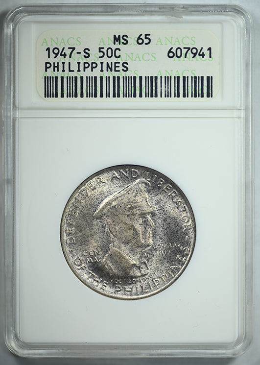 1947-S USA Philippines 50C Centavos ANACS Soapbox MS65 - Douglas MacArthur
