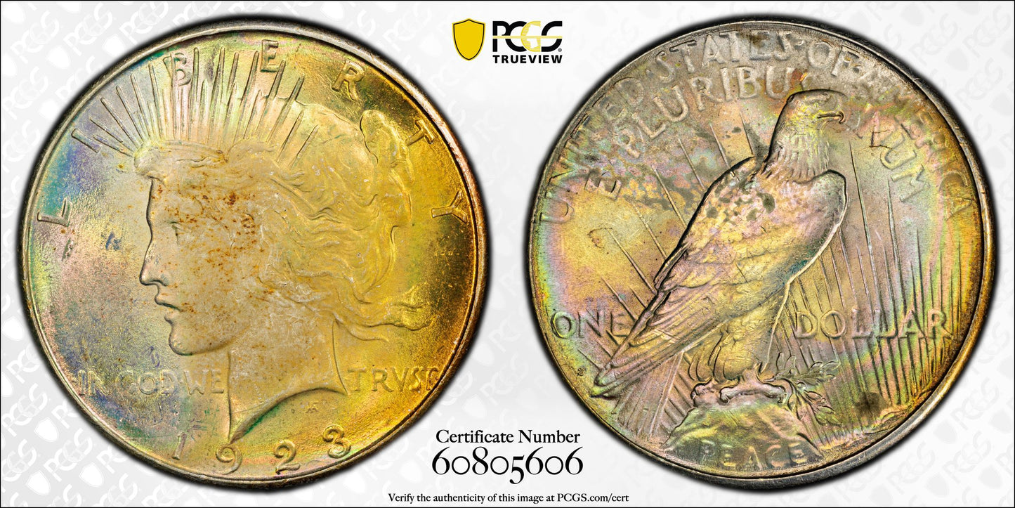 1923-S Peace Dollar $1 PCGS MS63 - RAINBOW TONED!