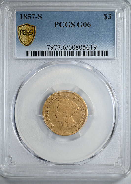 1857-S Indian Princess Gold Three Dollar Piece $3 PCGS G06
