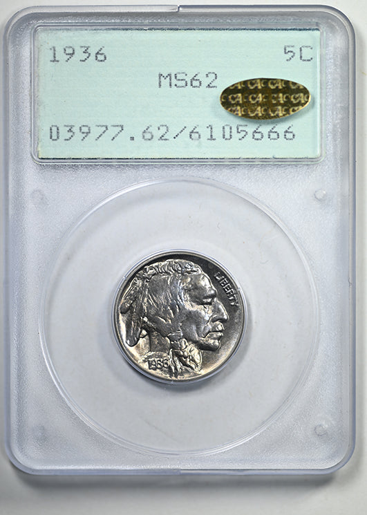 1936 Buffalo Nickel 5C PCGS Rattler MS62 Gold CAC