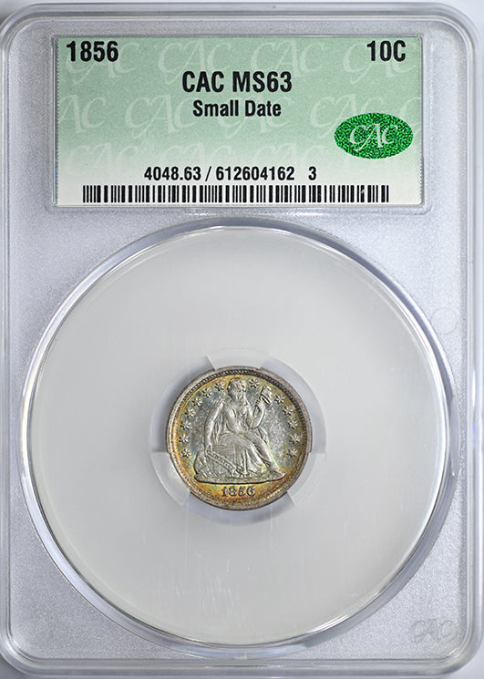 1856 Liberty Seated Dime 10C CAC MS63 - Small Date Obverse Slab