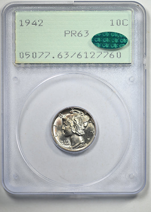 1942 Proof Mercury Dime 10C PCGS Rattler PR63 CAC