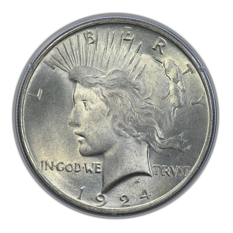 1924 Peace Dollar $1 PCGS Rattler MS64 Gold CAC Obverse