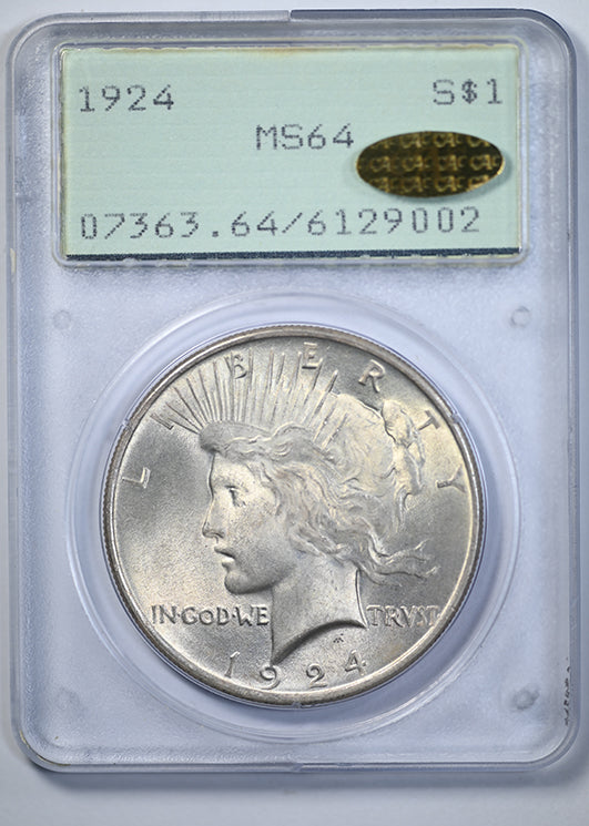 1924 Peace Dollar $1 PCGS Rattler MS64 Gold CAC Obverse Slab