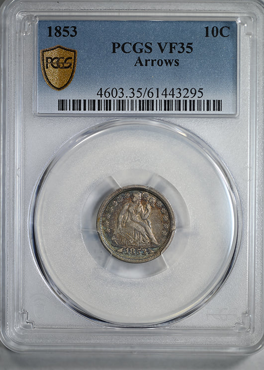 1853 Liberty Seated Dime 10C PCGS VF35 Arrows - TONED!