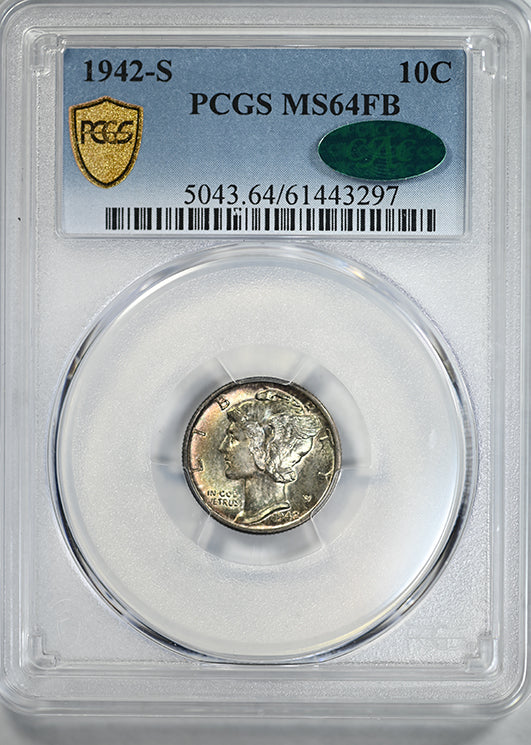 1942-S Mercury Dime 10C PCGS MS64FB CAC - Full Bands