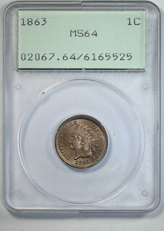 1863 Indian Head Cent 1C PCGS Rattler MS64 Obverse Slab