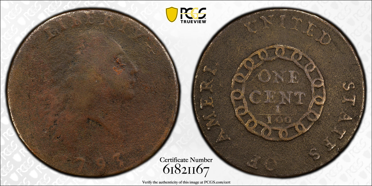 1793 Chain Flowing Hair Large Cent 1C PCGS Genuine VG Detail - Chain, AMERI.