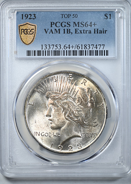1923 Peace Dollar $1 PCGS MS64+ TOP 50 VAM 1B, Extra Hair