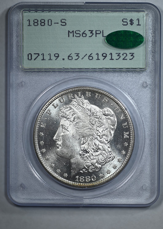 1880-S Morgan Dollar $1 PCGS Rattler MS63PL CAC - Prooflike