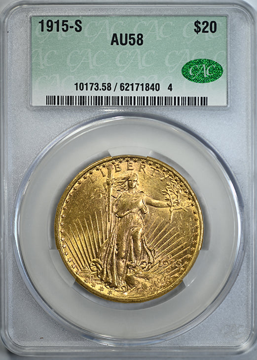 1915-S Saint Gaudens Gold Double Eagle $20 CAC AU58 Obverse Slab