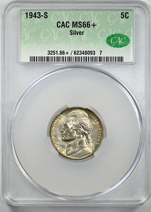 1943-S Silver Jefferson War Nickel 5C CAC MS66+ - TONED!