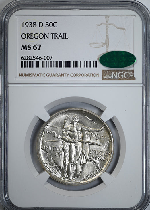1938-D Oregon Trail Classic Commemorative Half Dollar 50C NGC MS67 CAC Obverse Slab