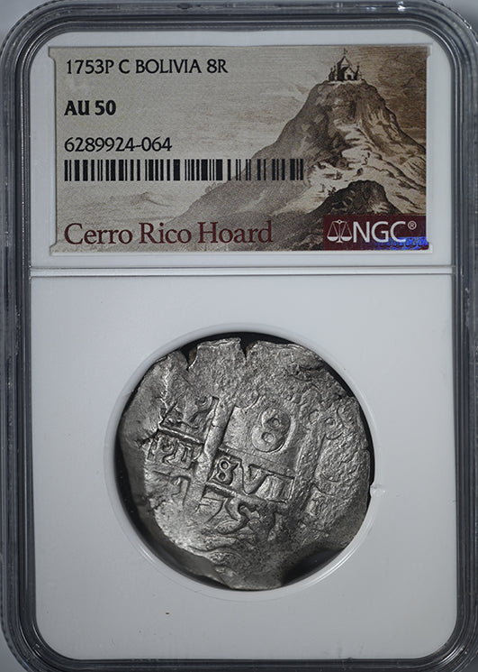 1753 P C Bolivia 8R Reales Cob NGC AU50 - Cerro Rico Hoard
