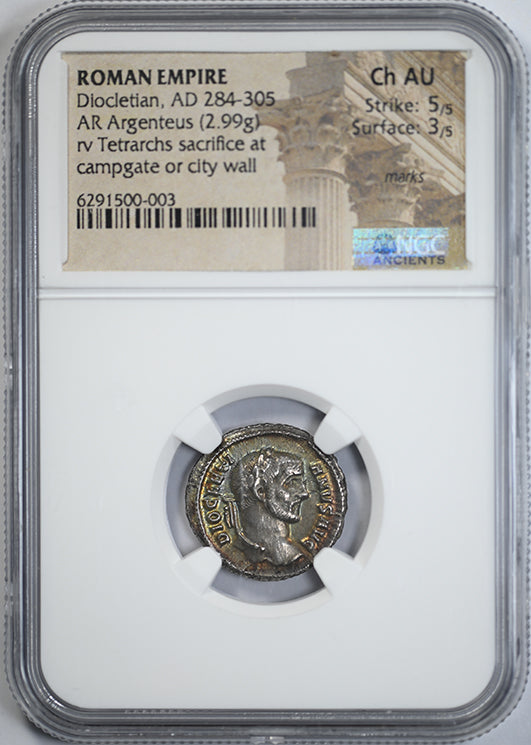 AD 284-305 Roman Empire Diocletian AR Argenteus NGC Ancients Choice AU - TONED! Obverse Slab