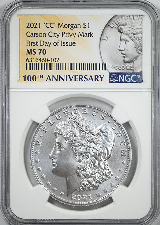 2021-CC Morgan Dollar $1 NGC MS70 - Carson City Privy Mark First Day of Issue - 100th Anniversary