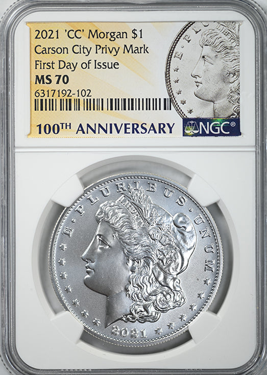2021 'CC' Morgan Dollar $1 NGC MS70 - Carson City Privy Mark - First Day of Issue - 100th Anniversary