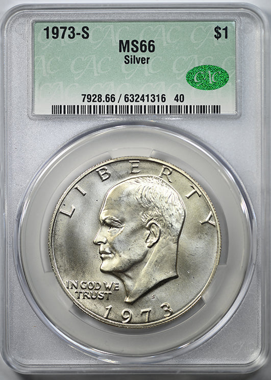  O1973-S Silver Eisenhower Dollar $1 CAC MS66 Obverse Slab