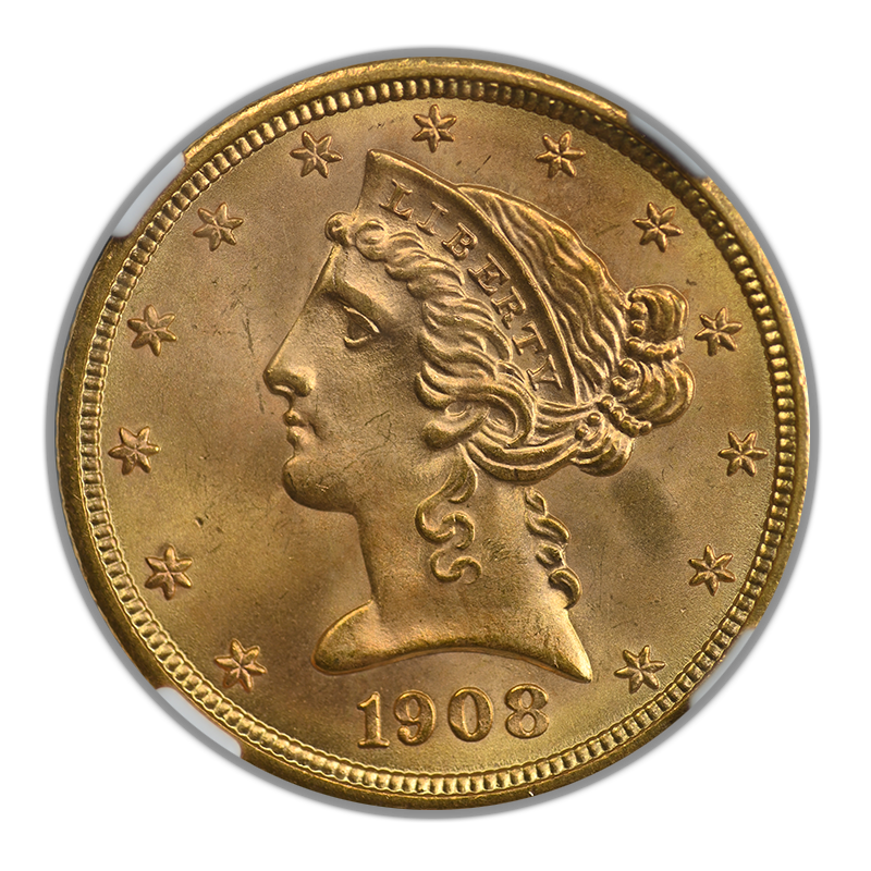 1908 Liberty Head Gold Half Eagle $5 NGC MS67