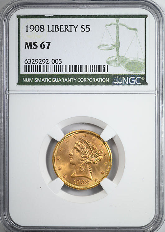 1908 Liberty Head Gold Half Eagle $5 NGC MS67