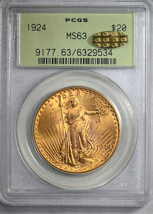 1924 Saint Gaudens Gold Double Eagle $20 PCGS MS63 Gold CAC OGH