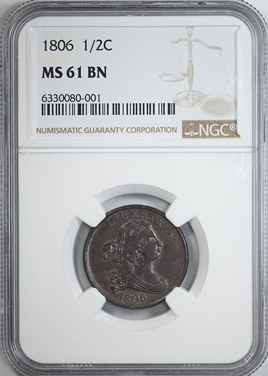 1806 Draped Bust Half Cent 1/2C NGC MS61BN - Small 6, No Stem