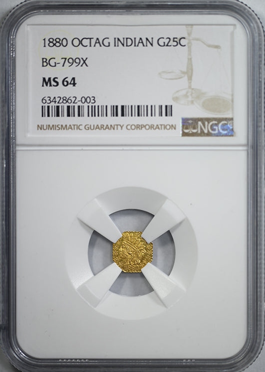 1880 Octagonal California Fractional Gold Indian Head 1/4 Dollar G25C NGC MS64 BG-799X