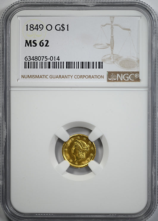 1849-O Type 1 Liberty Head Gold Dollar G$1 NGC MS62 Obverse Slab