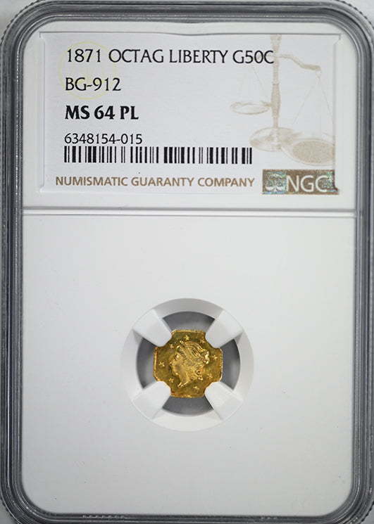 1871 Octagonal California Fractional Gold Liberty Head 1/2 Dollar G50C NGC MS64PL Prooflike BG-912