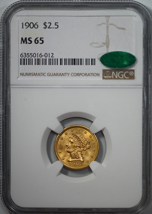 1906 Liberty Head Gold Quarter Eagle $2.50 NGC MS65 CAC Obverse Slab