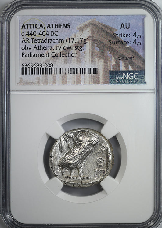 c.440-404 BC Attica, Athens AR Tetradrachm Athenian Owl NGC Ancients AU - Parliament Collection Obverse Slab